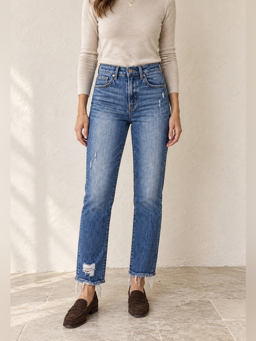 RISEN High Rise Straight Leg Ankle Jeans 7/28 Distressed Frayed Hem Medium Wash